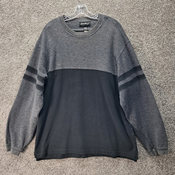 Eddie Bauer Mens Large Tall Grey Black Colorblock Striped Crewneck Sweater - Picture 1 of 8